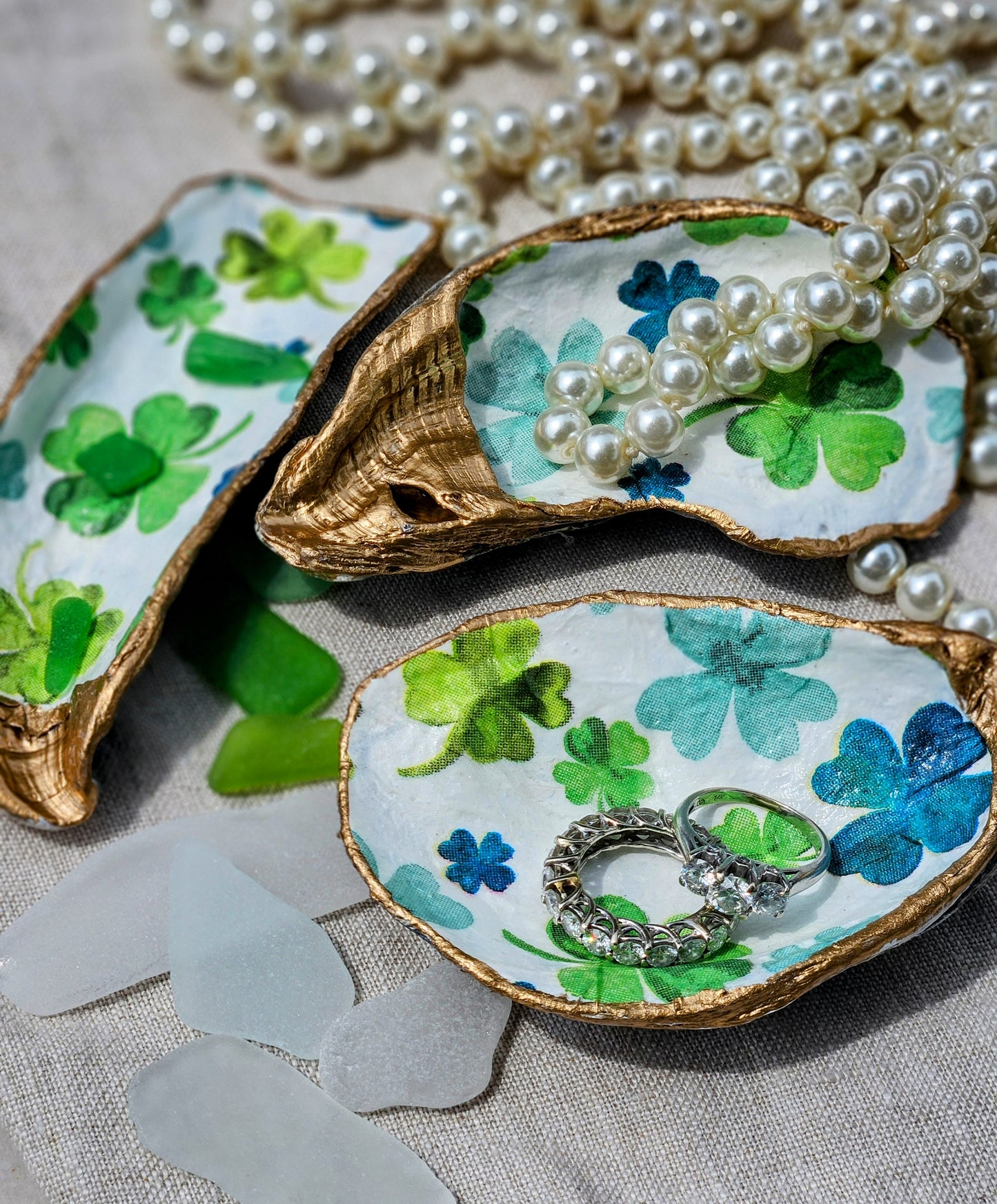 Lucky Shamrock Decoupage Oyster Shell Jewelry Dish