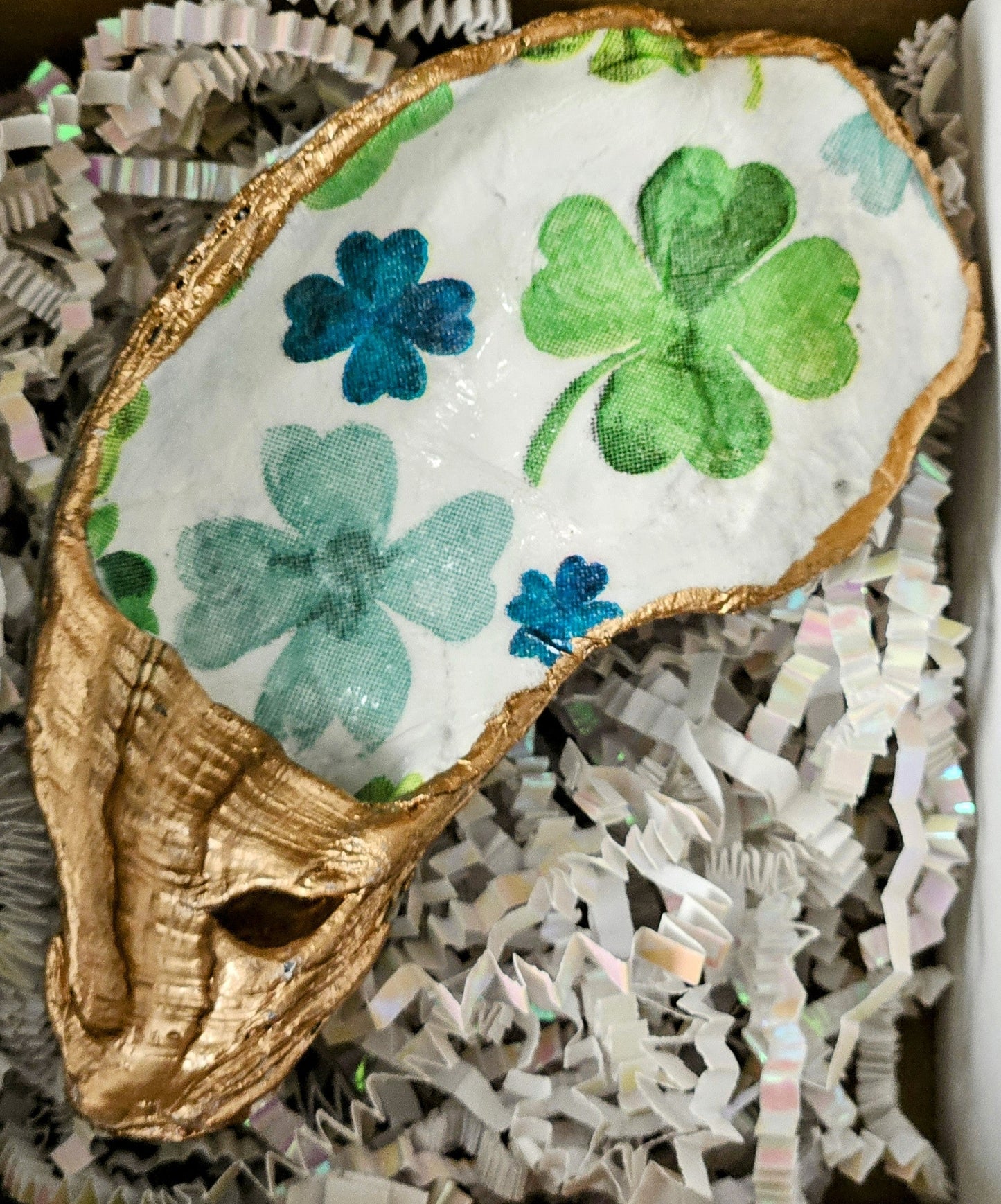 Lucky Shamrock Decoupage Oyster Shell Jewelry Dish