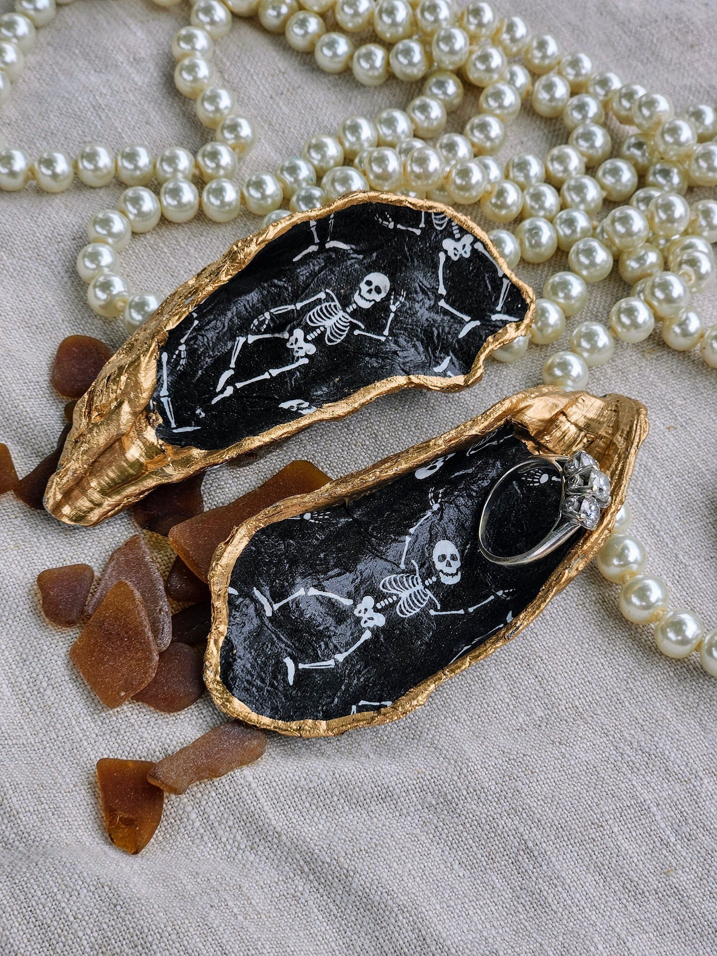 Spooky Skeleton Decoupage Oyster Shell Jewelry Dish