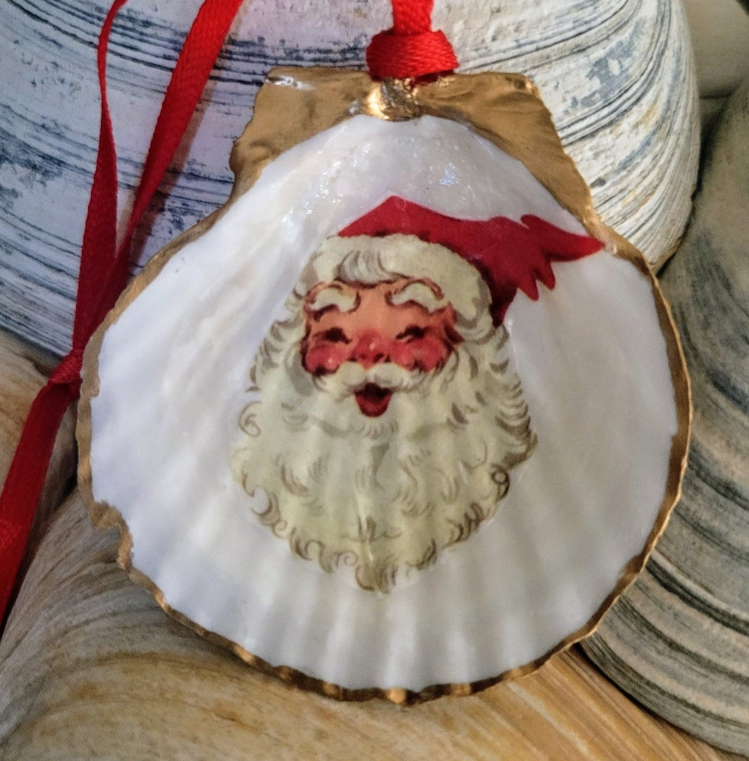 Santa Clause Decoupage Scallop Shell Ornament (10 piece bulk order)